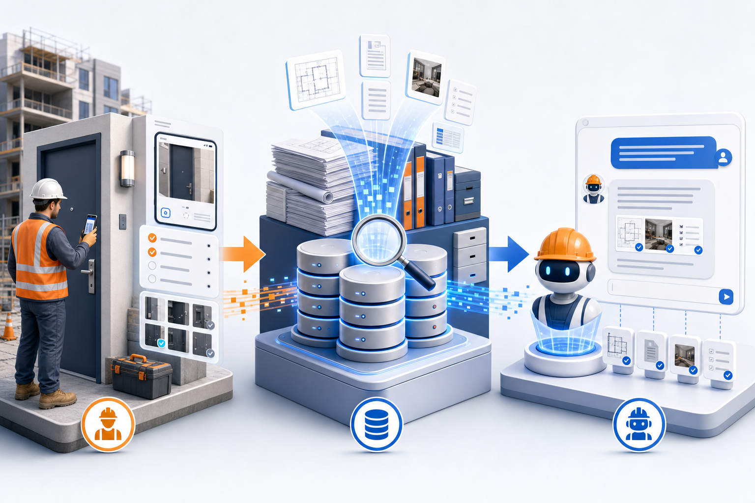 Site and project data plus knowledge libraries flow into Chat with Engineer for grounded answers on site