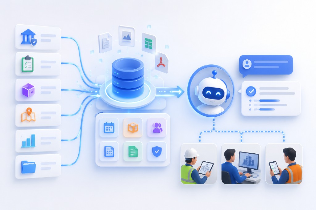 Data sources flow into a data center and Chat with Engineer, then reach workers and project teams on tablet, desktop, and phone
