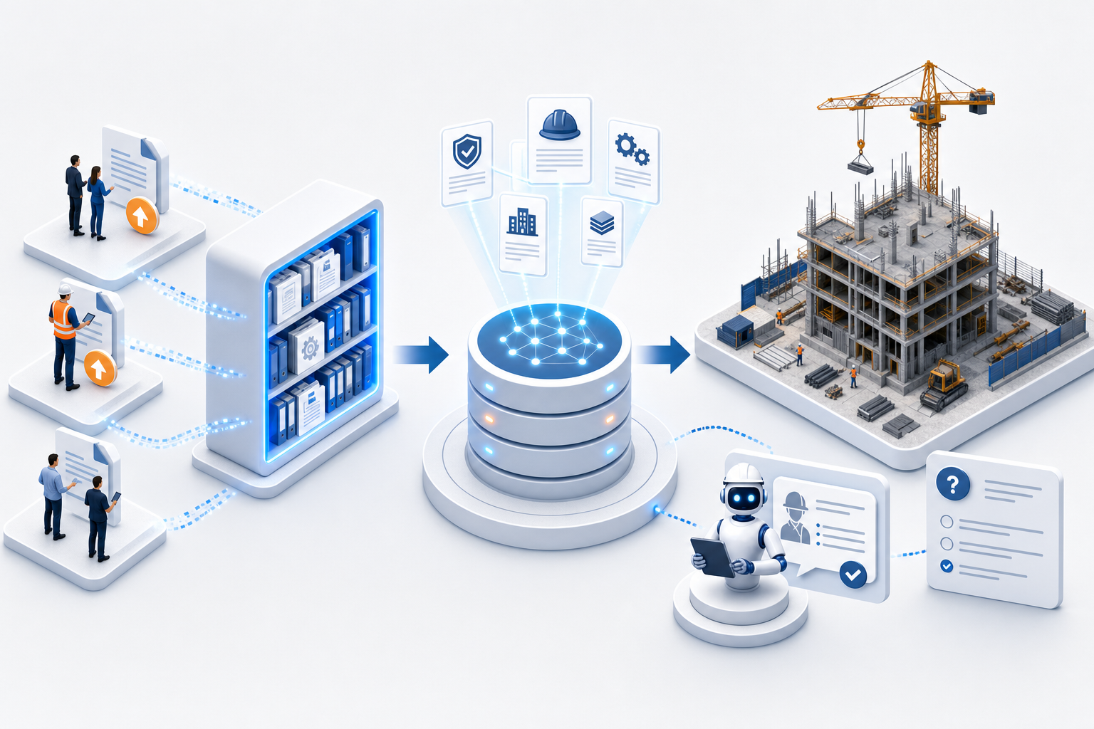 Partners publish knowledge into data centers, SiteTrack indexes it, projects connect, and teams ask and train with grounded answers