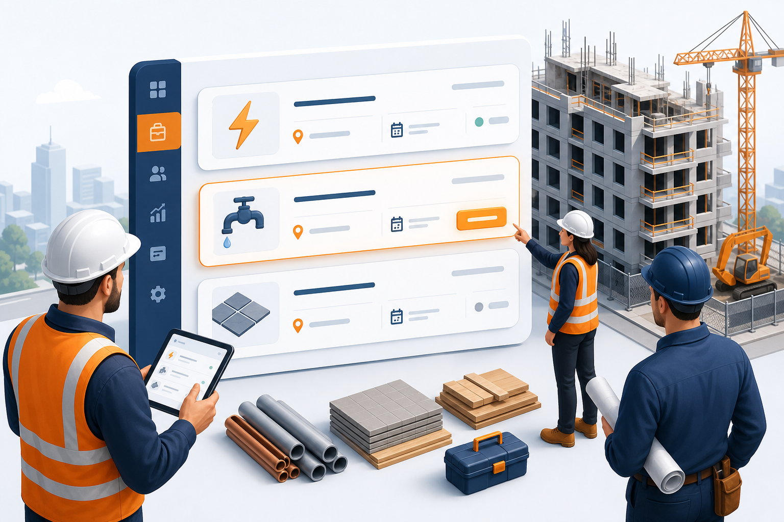 Subcontract work packages on active building projects with city filters, status badges, and apply actions