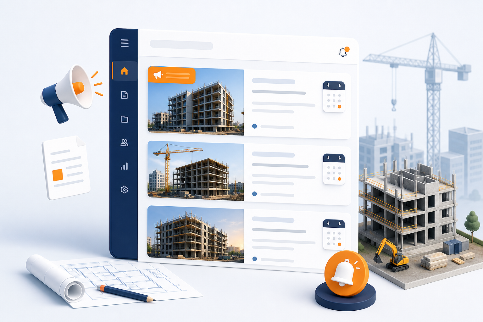 Project news feed with published construction updates, dates, and site announcements