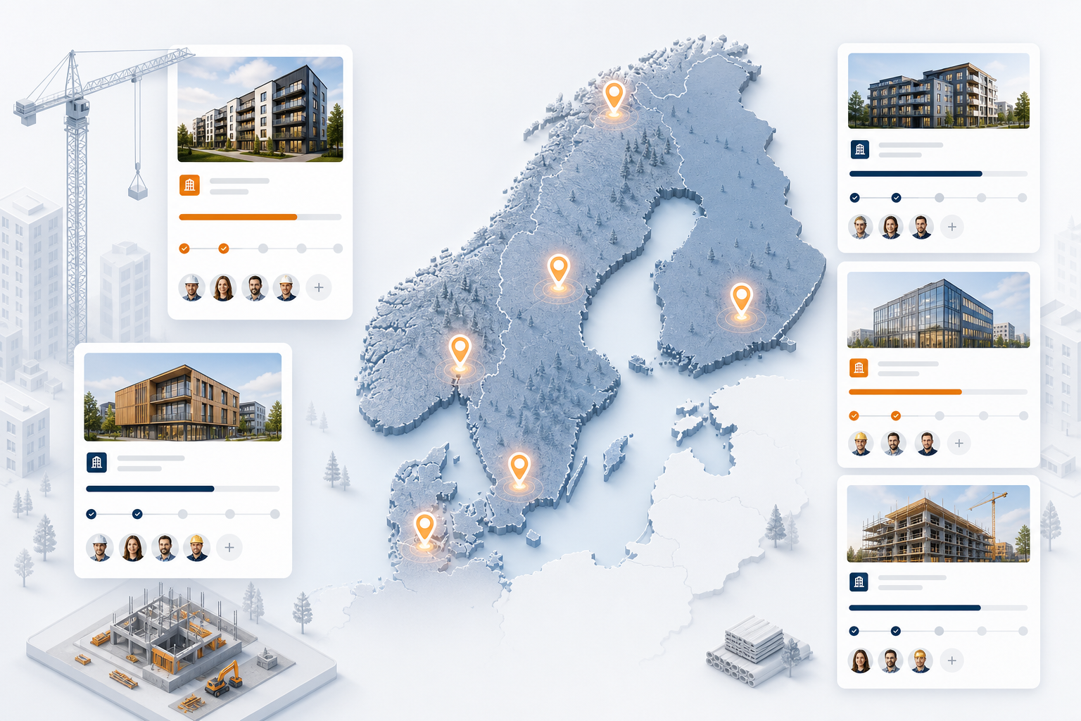 Map of construction projects with location pins, timelines, and project team cards