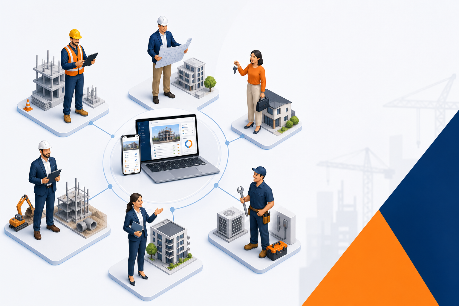 Construction roles connected to one platform: workers, engineers, contractors, property owners, agents, and maintenance teams
